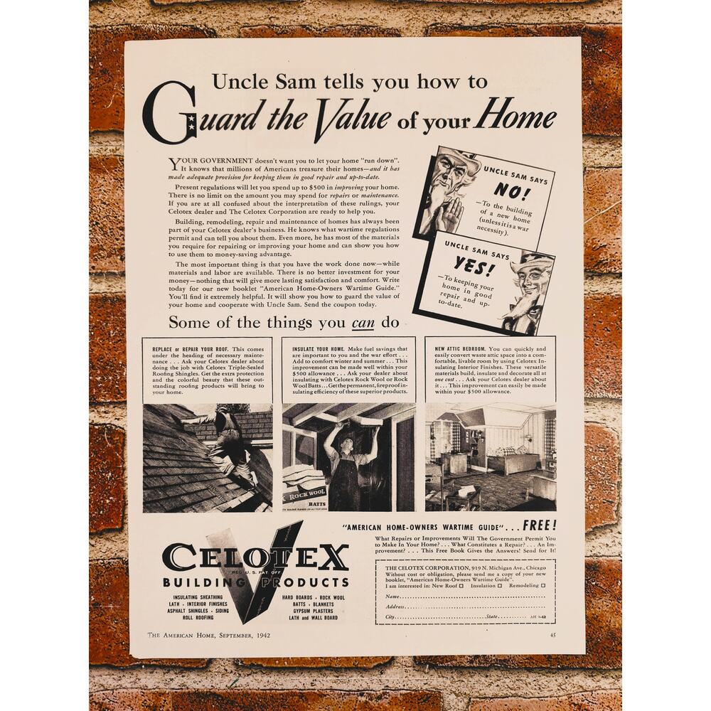 1942 Celotex Home Improvement‎ Vintage Print Ad 1940s WWII Era Building Products